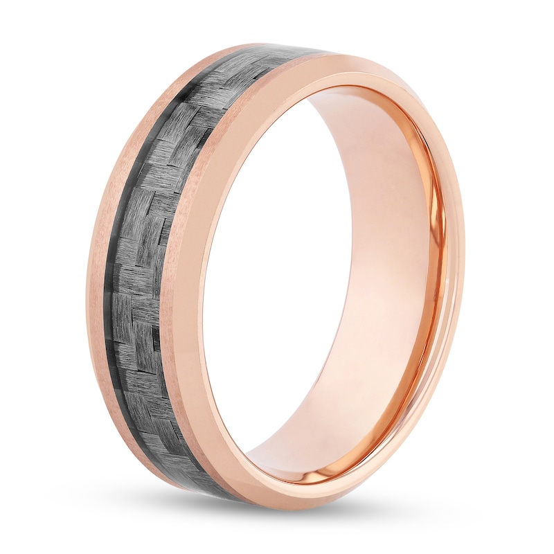 Men's 8.0mm Bevelled Edge Wedding Band in Tungsten with Rose IP and Grey Woven Carbon Fibre Inlay