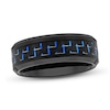 Thumbnail Image 0 of Men's 8.0mm Bevelled Edge Wedding Band in Tungsten with Black IP and Blue Woven Carbon Fibre Inlay