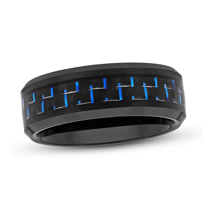 Men's 8.0mm Bevelled Edge Wedding Band in Tungsten with Black IP and Blue Woven Carbon Fibre Inlay|Peoples Jewellers