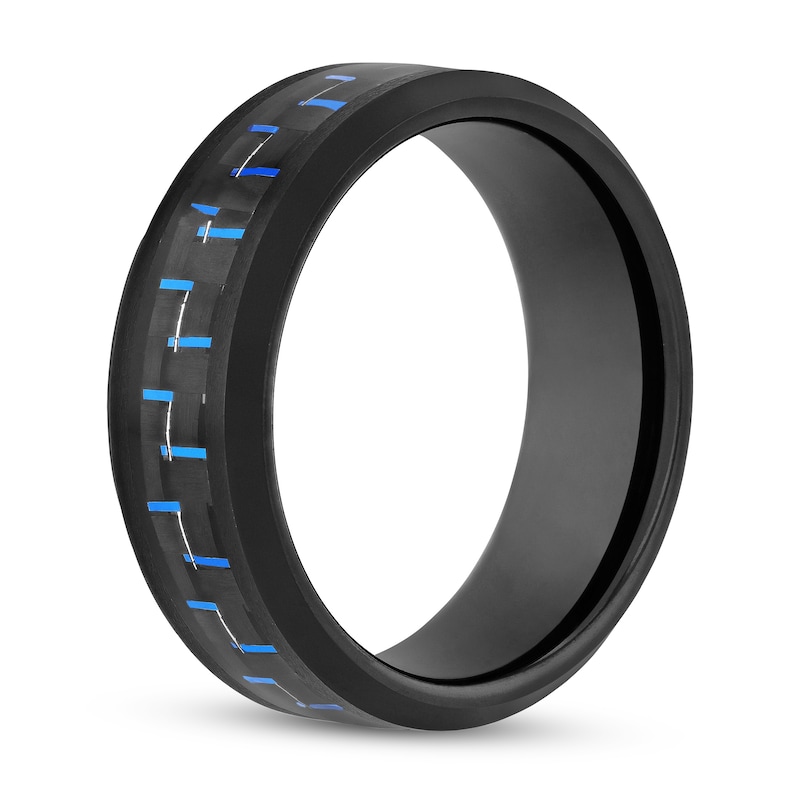 Men's 8.0mm Bevelled Edge Wedding Band in Tungsten with Black IP and Blue Woven Carbon Fibre Inlay