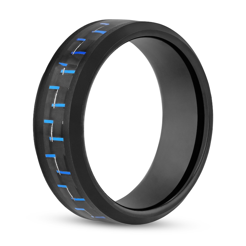 Main Image 2 of Men's 8.0mm Bevelled Edge Wedding Band in Tungsten with Black IP and Blue Woven Carbon Fibre Inlay