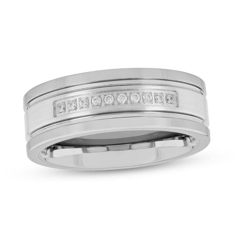 Men's 0.09 CT. T.W. Diamond Double Groove Ten Stone Wedding Band in Tungsten|Peoples Jewellers