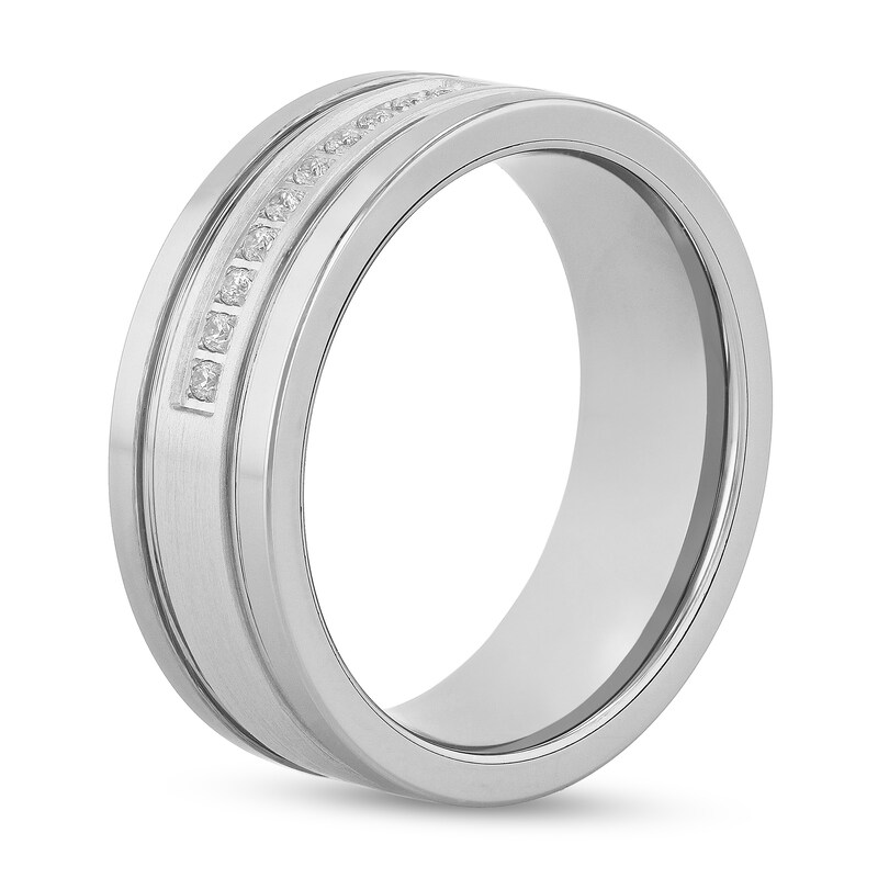 Main Image 2 of Men's 0.09 CT. T.W. Diamond Double Groove Ten Stone Wedding Band in Tungsten