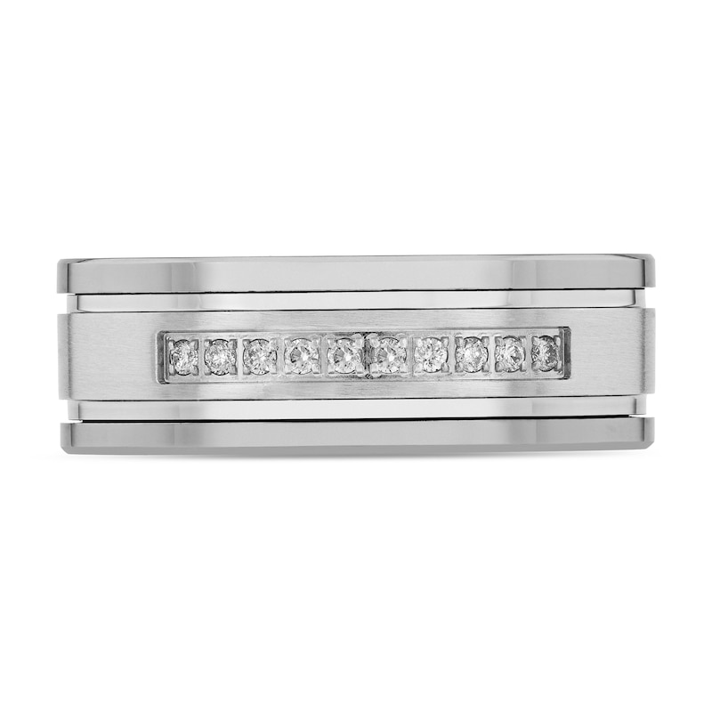 Main Image 3 of Men's 0.09 CT. T.W. Diamond Double Groove Ten Stone Wedding Band in Tungsten