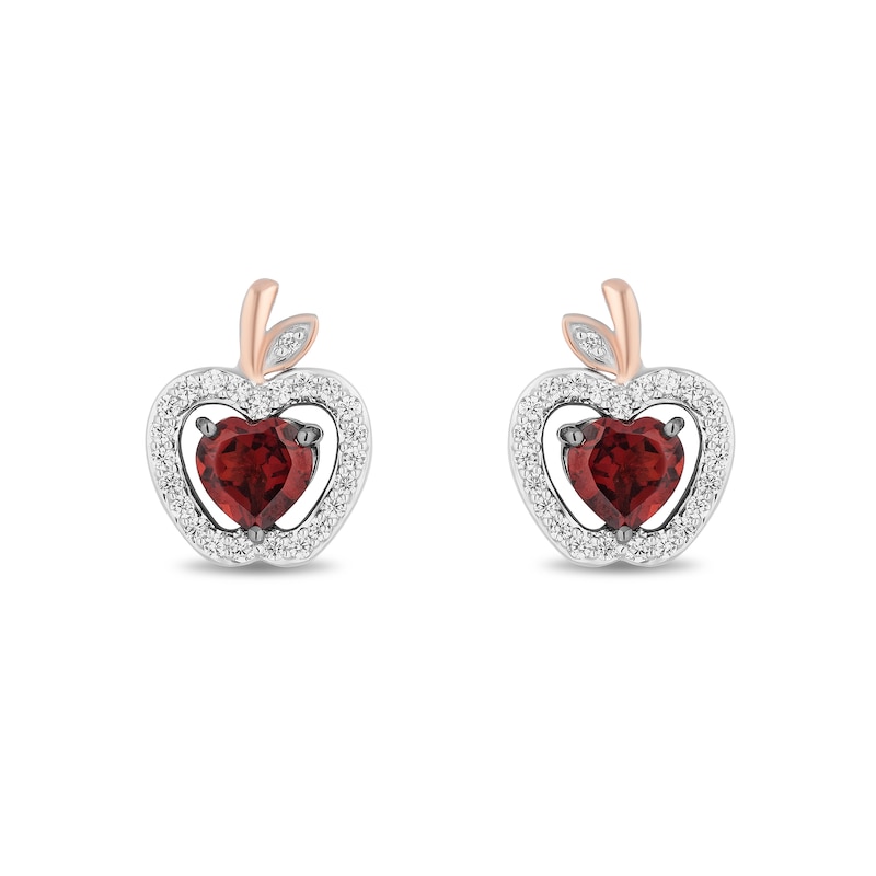 Main Image 2 of Enchanted Disney Snow White Garnet and 0.18 CT. T.W. Diamond Apple Stud Earrings in Sterling Silver and 10K Rose Gold
