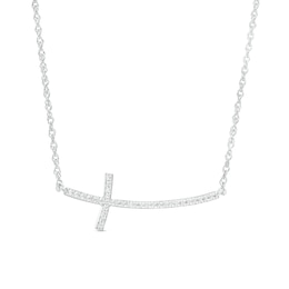 0.13 CT. T.W. Diamond Curved Sideways Cross Necklace in Sterling Silver