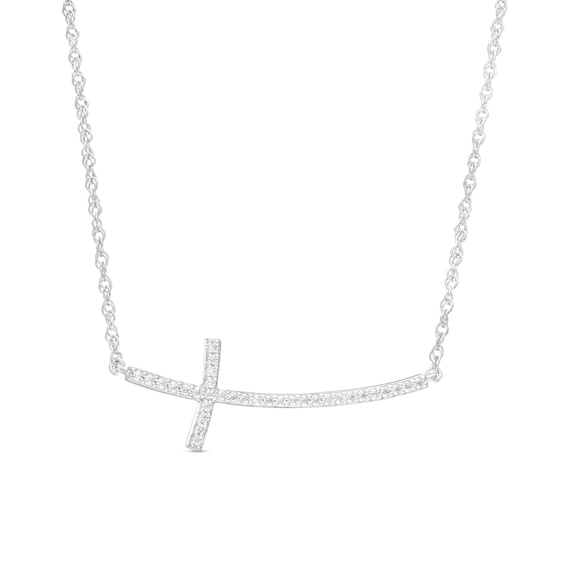 0.13 CT. T.W. Diamond Curved Sideways Cross Necklace in Sterling Silver
