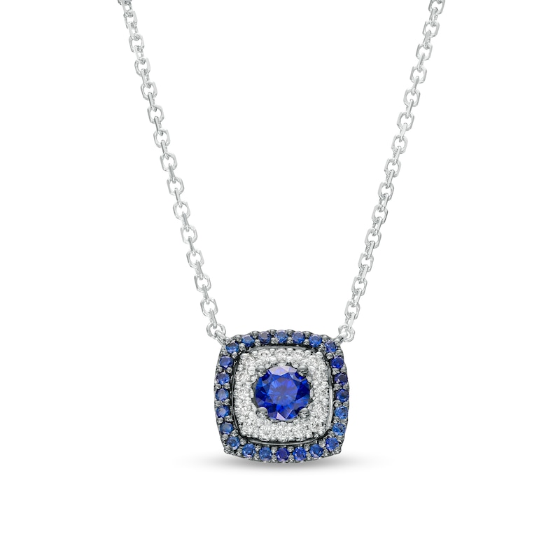 Vera Wang Love Collection Blue Sapphire and 0.05 CT. T.W. Diamond Cushion-Shaped Frame Necklace in 10K White Gold - 19"|Peoples Jewellers