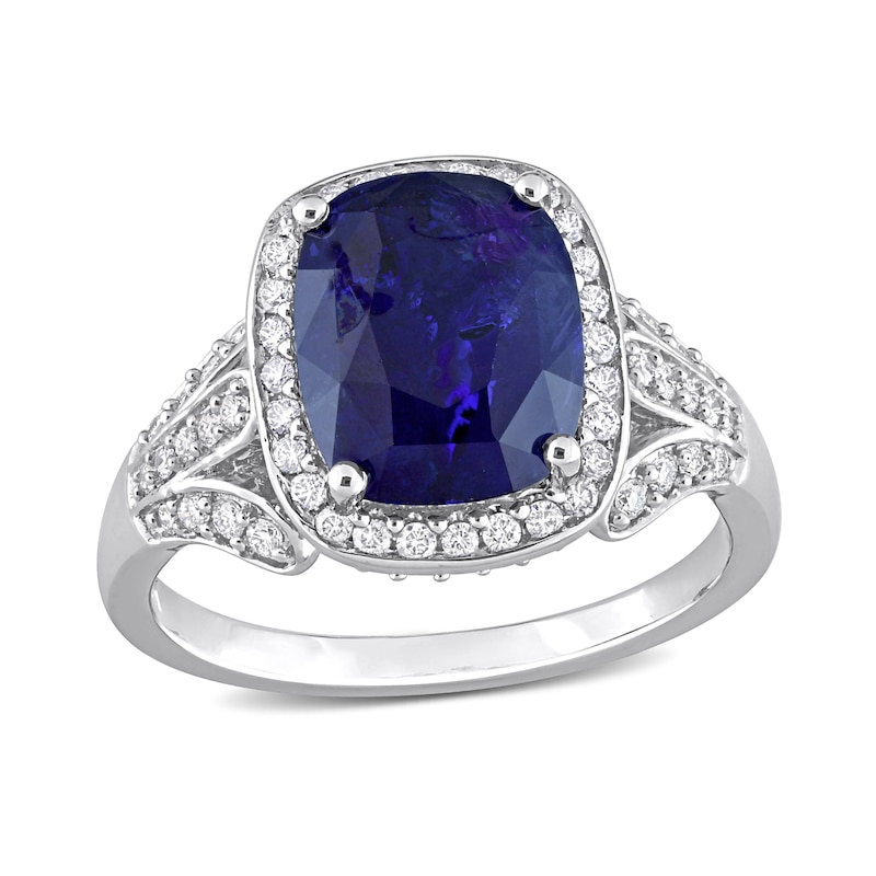 Main Image 1 of Cushion-Shaped Blue Sapphire and 0.82 CT. T.W. Diamond Frame Split Shank Ring in 14K White Gold