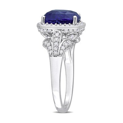 Cushion-Shaped Blue Sapphire and 0.82 CT. T.W. Diamond Frame Split Shank Ring in 14K White Gold