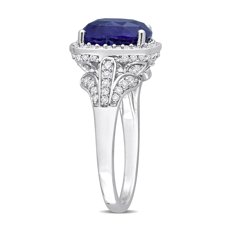 Main Image 3 of Cushion-Shaped Blue Sapphire and 0.82 CT. T.W. Diamond Frame Split Shank Ring in 14K White Gold