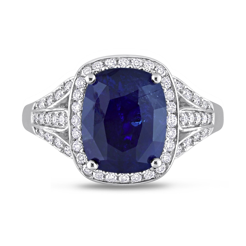 Cushion-Shaped Blue Sapphire and 0.82 CT. T.W. Diamond Frame Split Shank Ring in 14K White Gold