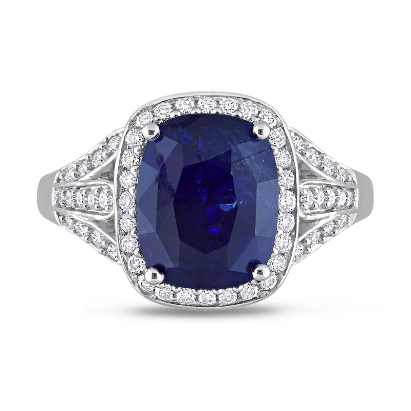 Main Image 4 of Cushion-Shaped Blue Sapphire and 0.82 CT. T.W. Diamond Frame Split Shank Ring in 14K White Gold