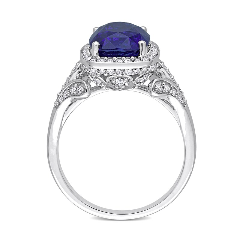 Main Image 5 of Cushion-Shaped Blue Sapphire and 0.82 CT. T.W. Diamond Frame Split Shank Ring in 14K White Gold