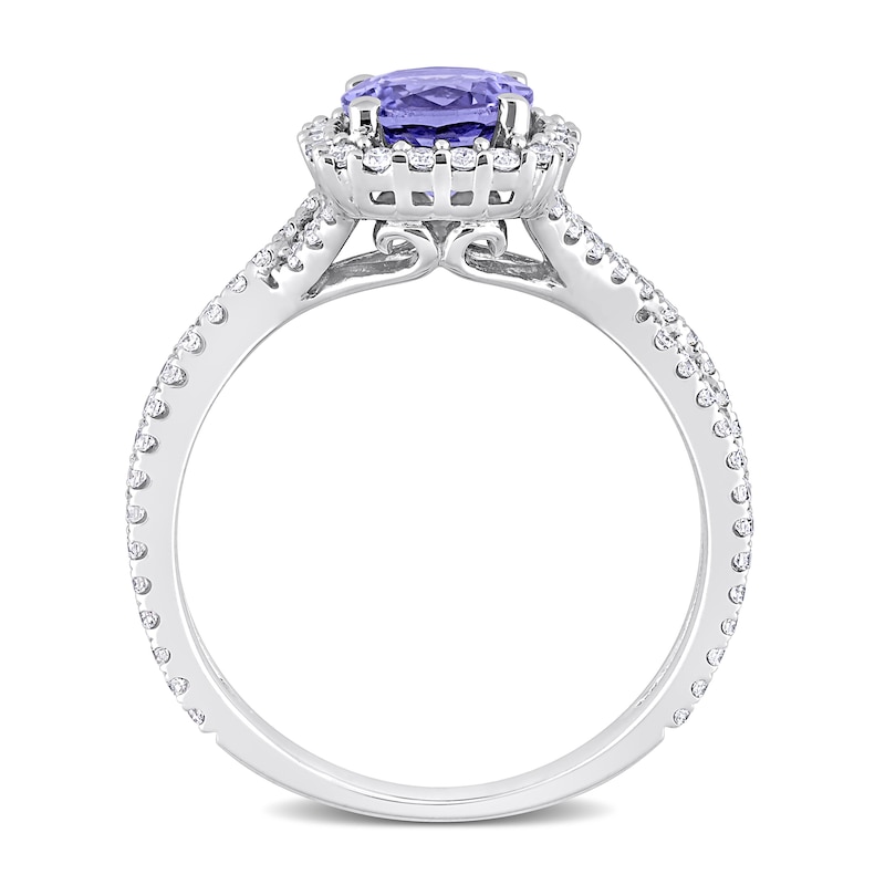 6.5mm Tanzanite and 0.50 CT. T.W. Diamond Frame Twist Shank Ring in 14K White Gold
