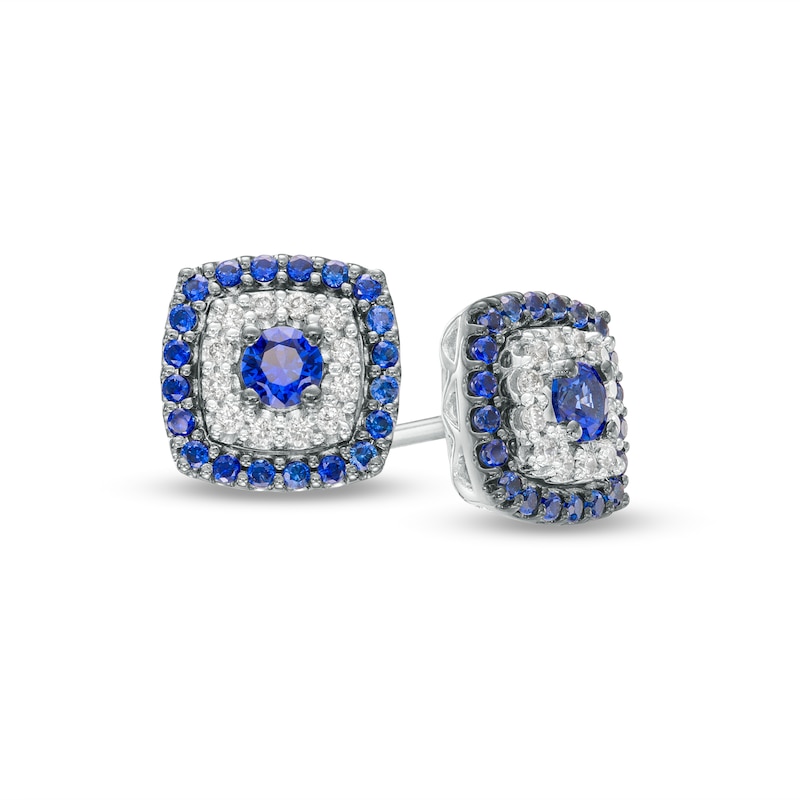 Vera Wang Love Collection Blue Sapphire and 0.085 CT. T.W. Diamond Cushion-Shaped Frame Stud Earrings in 10K White Gold|Peoples Jewellers