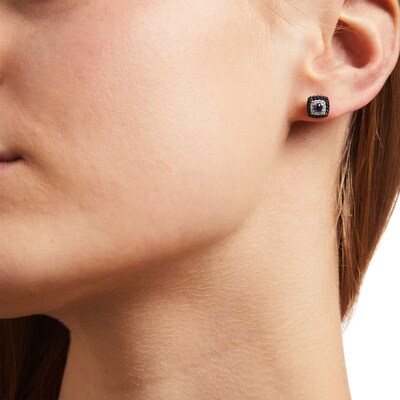 Vera Wang Love Collection Blue Sapphire and 0.085 CT. T.W. Diamond Cushion-Shaped Frame Stud Earrings in 10K White Gold
