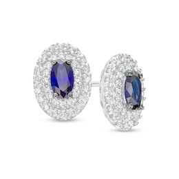 Vera Wang Love Collection Oval Blue Sapphire and 0.23 CT. T.W. Diamond Frame Stud Earrings in 10K White Gold