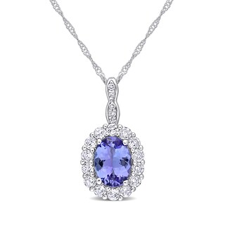 Oval Tanzanite, White Topaz, and Diamond Accent Frame Pendant in 14K White Gold - 17"