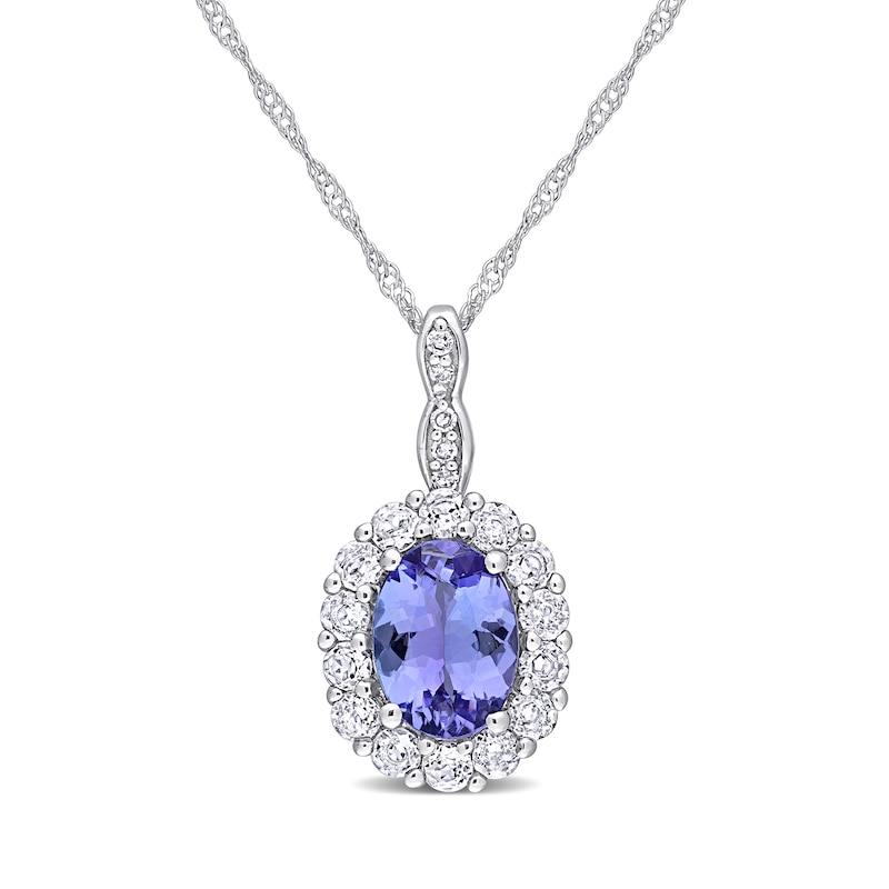 Oval Tanzanite, White Topaz, and Diamond Accent Frame Pendant in 14K White Gold - 17"