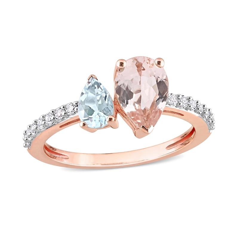 Main Image 1 of Pear-Shaped Morganite, Aquamarine, and White Topaz Toi et Moi Ring in 10K Rose Gold