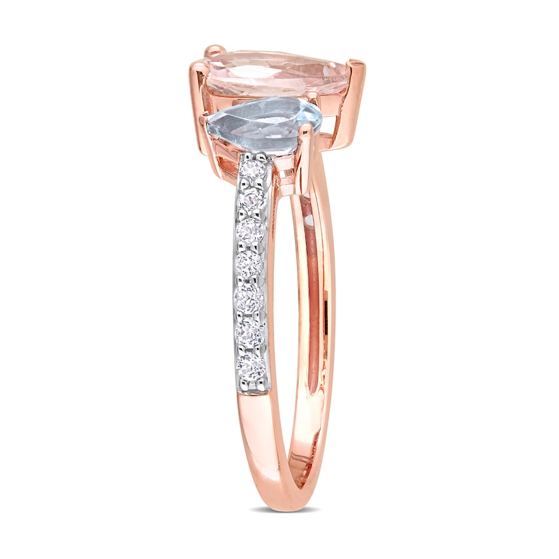 Main Image 3 of Pear-Shaped Morganite, Aquamarine, and White Topaz Toi et Moi Ring in 10K Rose Gold