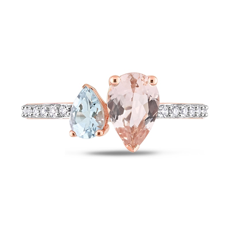 Main Image 4 of Pear-Shaped Morganite, Aquamarine, and White Topaz Toi et Moi Ring in 10K Rose Gold