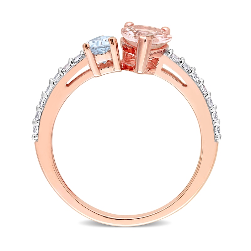 Main Image 5 of Pear-Shaped Morganite, Aquamarine, and White Topaz Toi et Moi Ring in 10K Rose Gold
