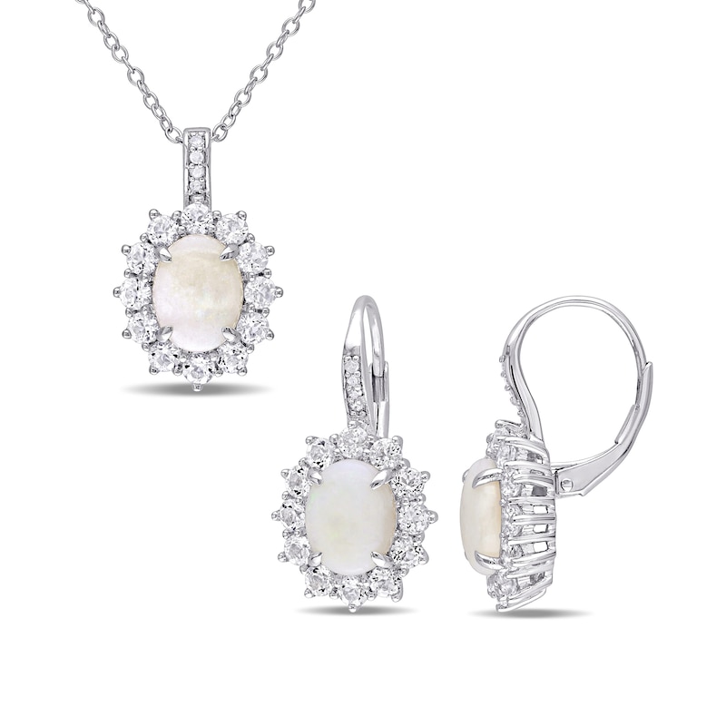 Oval Opal, White Topaz, and 0.06 CT. T.W. Diamond Frame Pendant and Drop Earrings Set in Sterling Silver|Peoples Jewellers