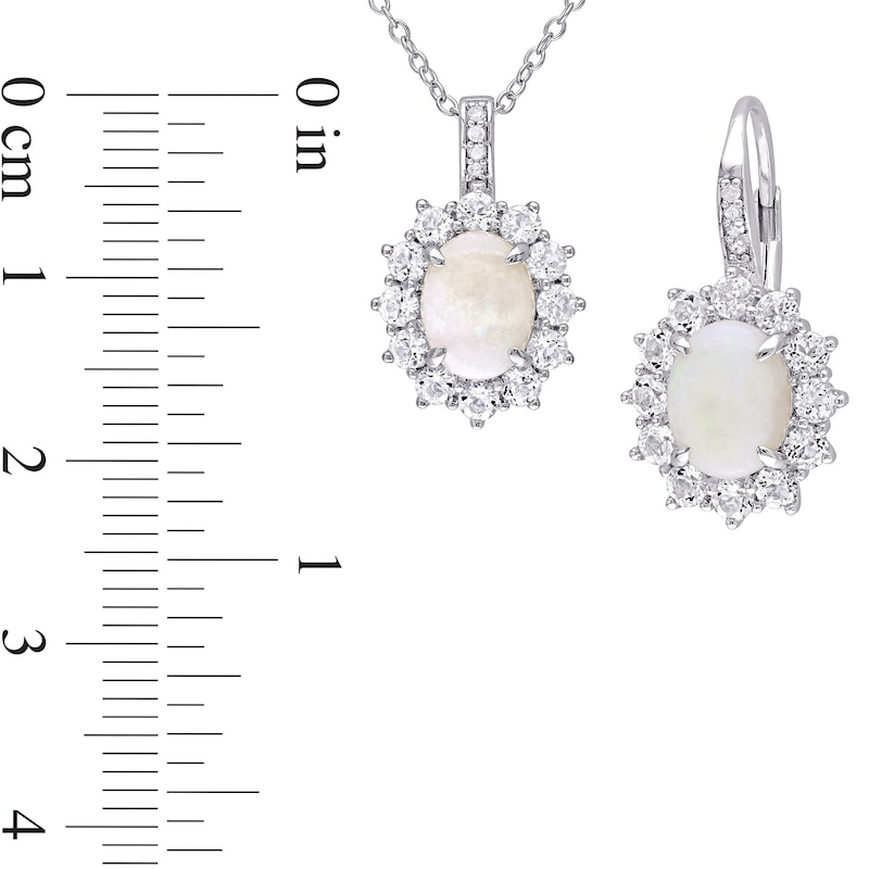 Oval Opal, White Topaz, and 0.06 CT. T.W. Diamond Frame Pendant and Drop Earrings Set in Sterling Silver