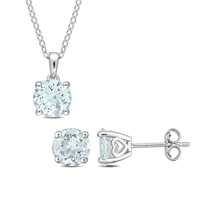 Main Image 1 of 7.0mm Aquamarine Solitaire Pendant and Stud Earrings Set in Sterling Silver