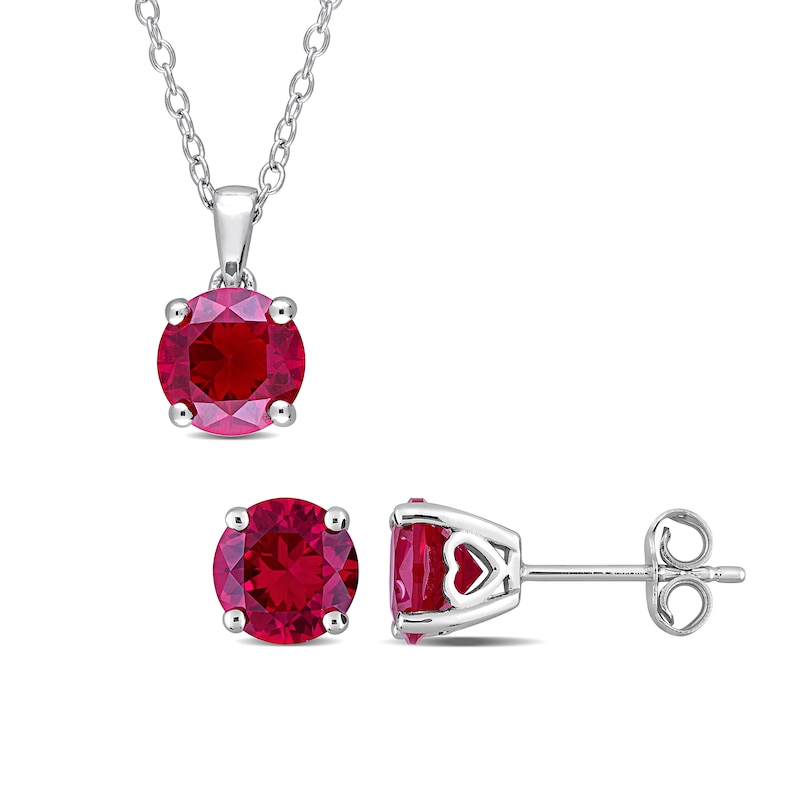 7.0mm Lab-Created Ruby Solitaire Pendant and Stud Earrings Set in Sterling Silver|Peoples Jewellers