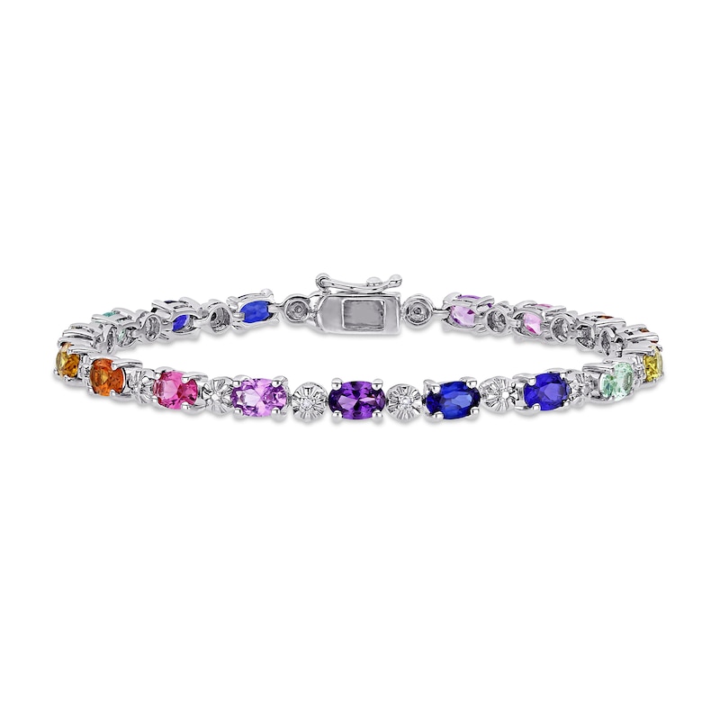 Oval Multi-Colour Lab-Created Sapphire and Diamond Accent Alternating Rainbow Line Bracelet in Sterling Silver - 7.25"|Peoples Jewellers
