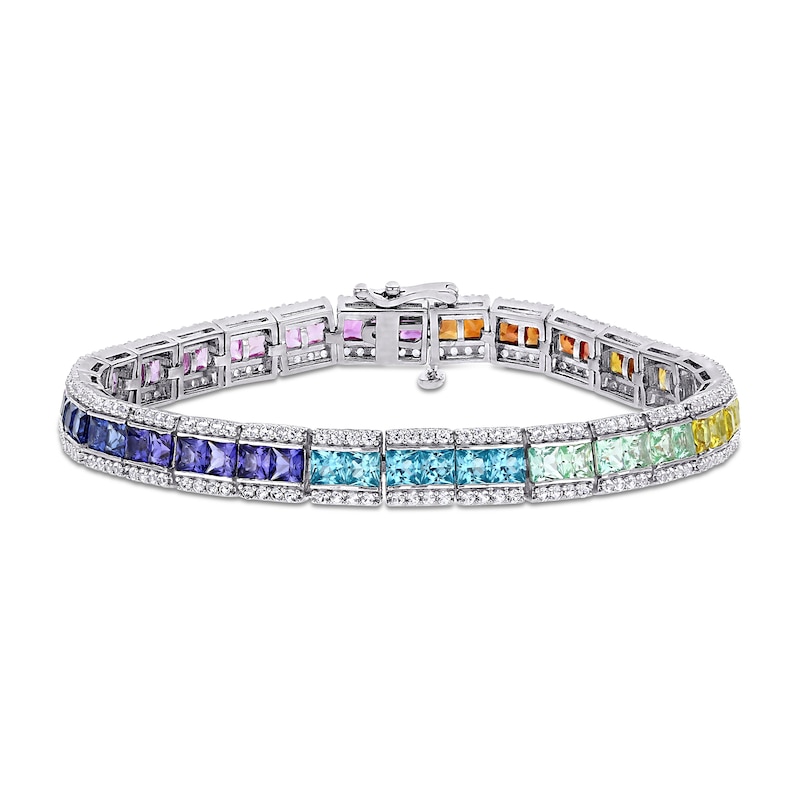 3.0mm Princess-Cut Multi-Colour Lab-Created Sapphire Rainbow Triple-Row Tennis Bracelet in Sterling Silver|Peoples Jewellers