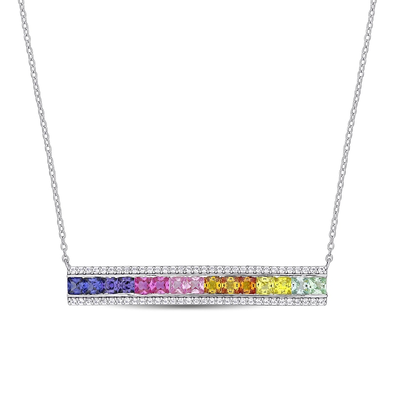3.0mm Princess-Cut Multi-Colour Lab-Created Sapphire Rainbow Triple-Row Bar Necklace in Sterling Silver - 16"|Peoples Jewellers