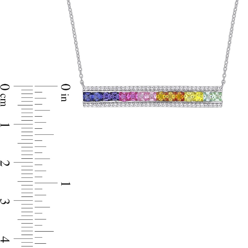 3.0mm Princess-Cut Multi-Colour Lab-Created Sapphire Rainbow Triple-Row Bar Necklace in Sterling Silver - 16"