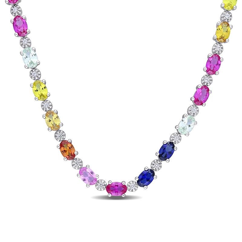 Oval Multi-Colour Lab-Created Sapphire Alternating Choker Necklace in Sterling Silver - 16"