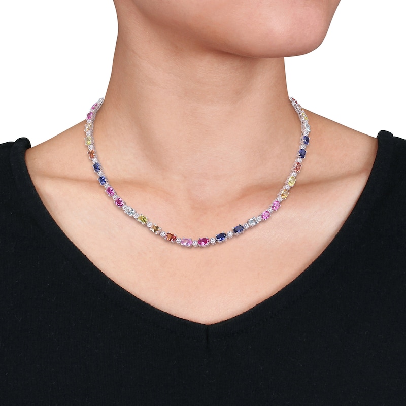 Main Image 2 of Oval Multi-Colour Lab-Created Sapphire Alternating Choker Necklace in Sterling Silver - 16"