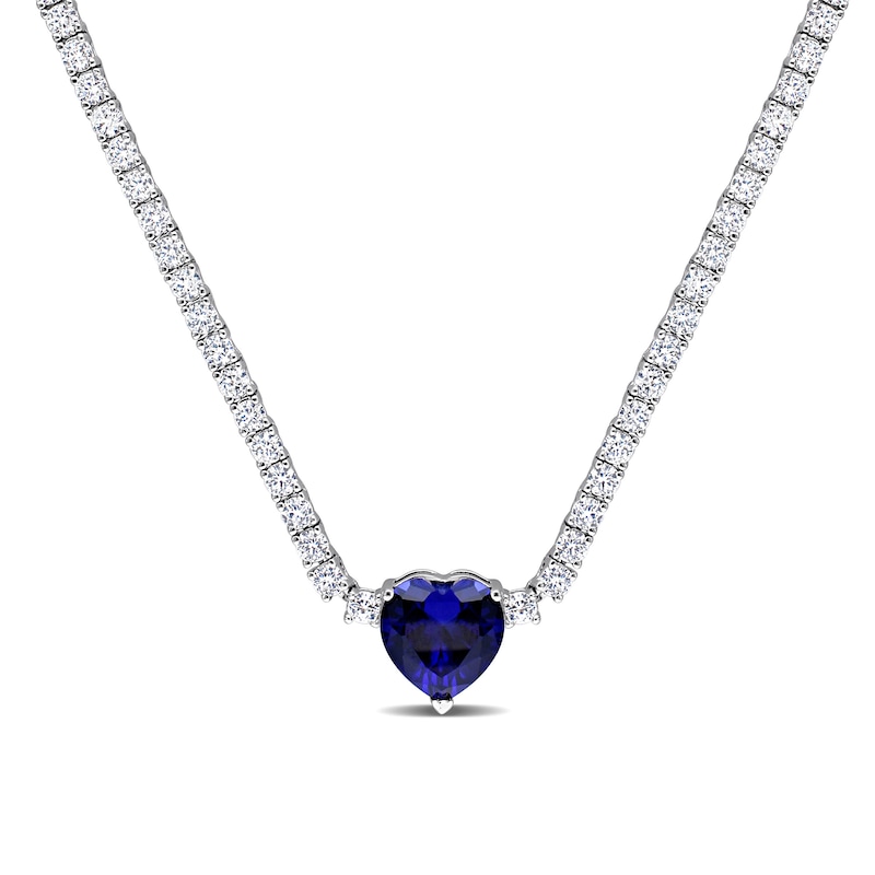 Main Image 1 of 10.0mm Heart-Shaped Blue Lab-Created Sapphire and White Lab-Created Sapphire Necklace in Sterling Silver - 15"