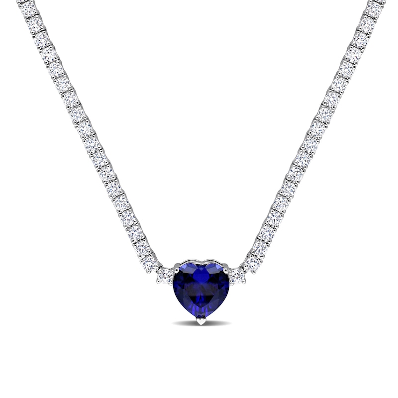 10.0mm Heart-Shaped Blue Lab-Created Sapphire and White Lab-Created Sapphire Necklace in Sterling Silver - 15"|Peoples Jewellers