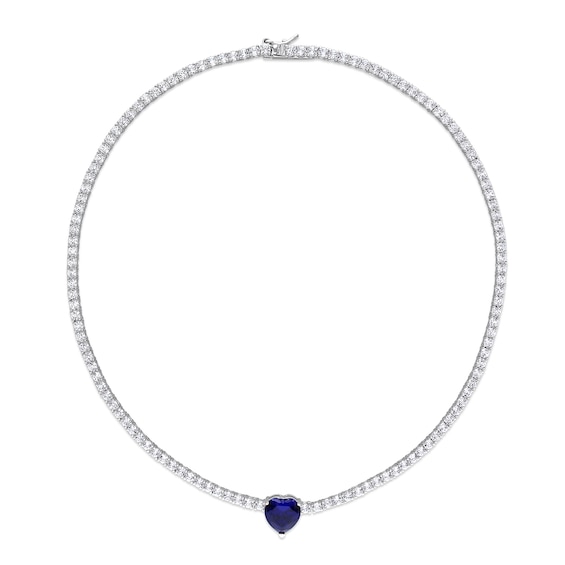 10.0mm Heart-Shaped Blue Lab-Created Sapphire and White Lab-Created Sapphire Necklace in Sterling Silver - 15"