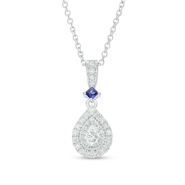 Vera Wang Love Collection 0.23 CT. T.W. Pear-Shaped Diamond and Blue Sapphire Pendant in 10K White Gold - 19&quot;