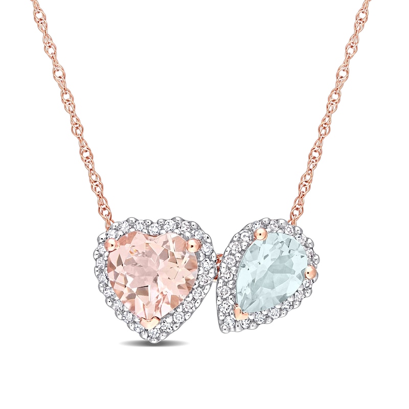 Heart-Shaped Morganite, Pear-Shaped Aquamarine, and 0.20 CT. T.W. Diamond Frame Pendant in 10K Rose Gold - 17"|Peoples Jewellers