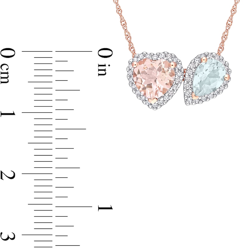 Main Image 3 of Heart-Shaped Morganite, Pear-Shaped Aquamarine, and 0.20 CT. T.W. Diamond Frame Pendant in 10K Rose Gold - 17"