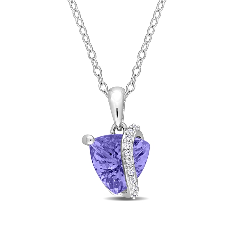 8.0mm Trillion-Cut Tanzanite and 0.04 CT. T.W. Diamond Ribbon Pendant in Sterling Silver 