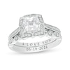 Thumbnail Image 1 of Cushion-Cut White Lab-Created Sapphire and 0.23 CT. T.W. Diamond Engravable Bridal Set in Sterling Silver (2 Lines)