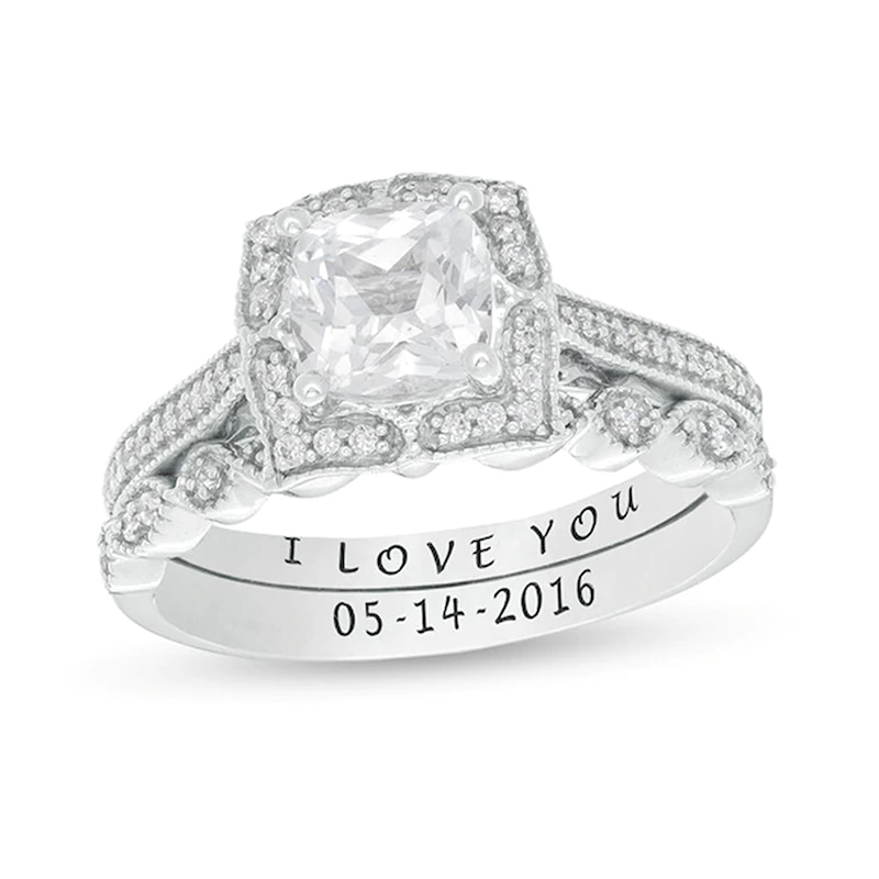 Cushion-Cut White Lab-Created Sapphire and 0.23 CT. T.W. Diamond Engravable Bridal Set in Sterling Silver (2 Lines)