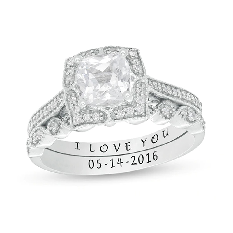 Main Image 1 of Cushion-Cut White Lab-Created Sapphire and 0.23 CT. T.W. Diamond Engravable Bridal Set in Sterling Silver (2 Lines)