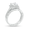 Thumbnail Image 2 of Cushion-Cut White Lab-Created Sapphire and 0.23 CT. T.W. Diamond Engravable Bridal Set in Sterling Silver (2 Lines)