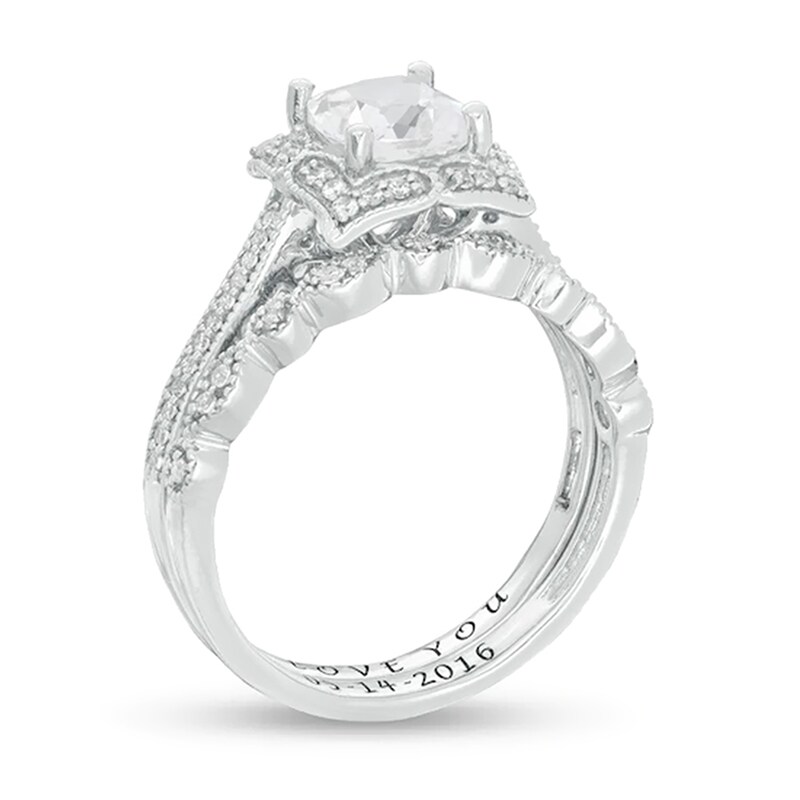 Main Image 2 of Cushion-Cut White Lab-Created Sapphire and 0.23 CT. T.W. Diamond Engravable Bridal Set in Sterling Silver (2 Lines)
